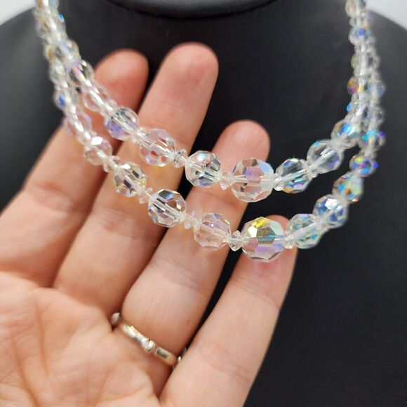 Vintage Clear AB Aurora Borealis Crystal Graduated Double Strand 14-16" Necklace - Picture 2 of 6